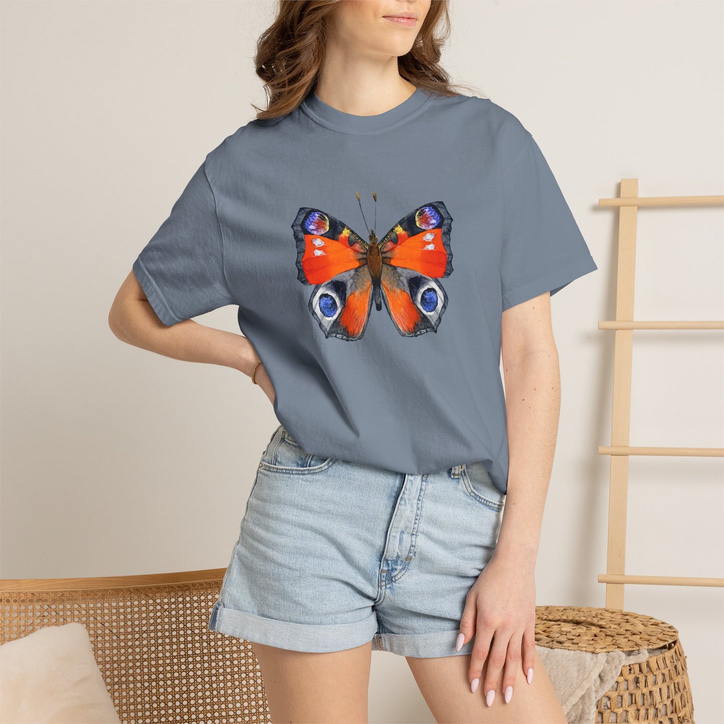 Butterfly Graphic T-Shirt — Vibrant Peacock Butterfly Print on Natural Tee