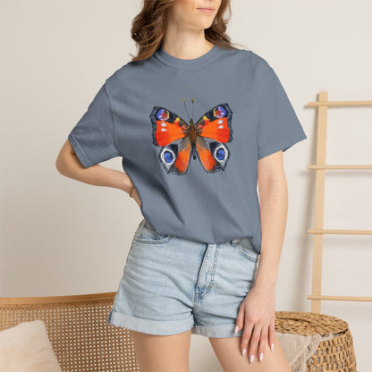 Butterfly Graphic T-Shirt — Vibrant Peacock Butterfly Print on Natural Tee
