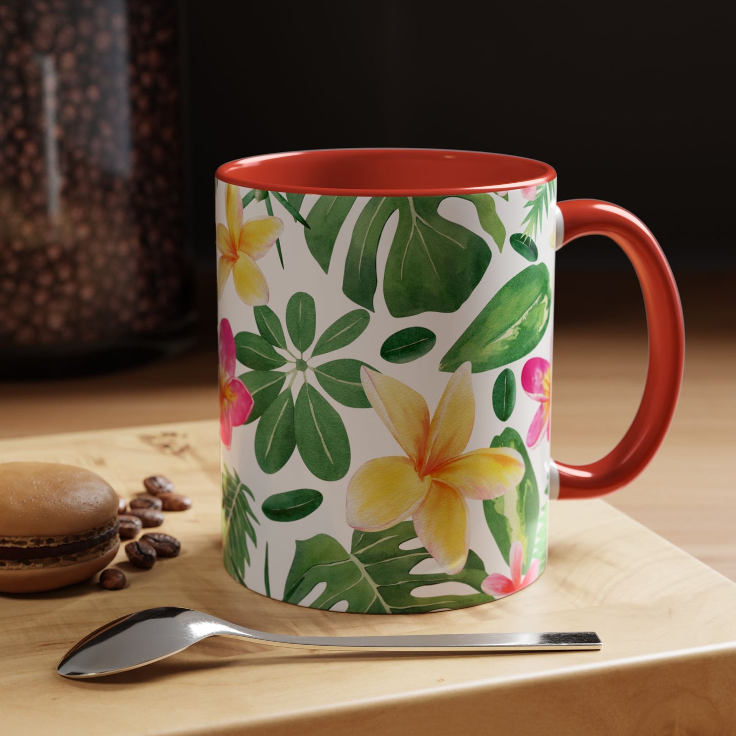 Tropical Floral Coffee Mug — Plumeria & Palm Accent Mug (11/15oz)