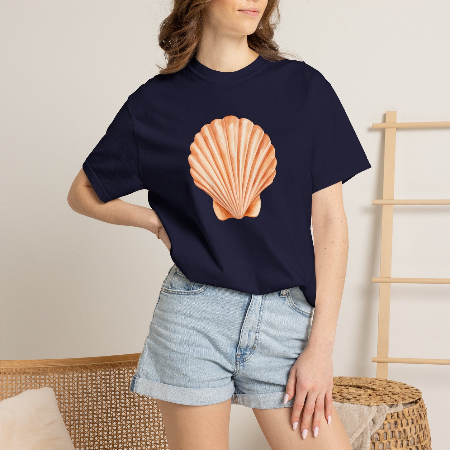 Shell Pocket T-Shirt — Minimal Beach Tee with Orange Seashell