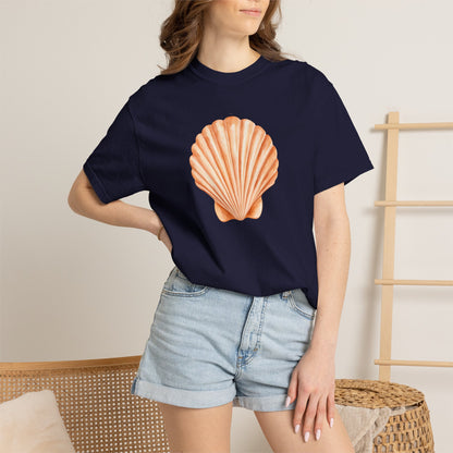 Shell Pocket T-Shirt — Minimal Beach Tee with Orange Seashell