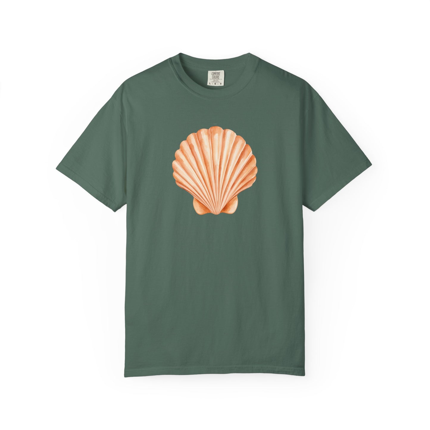 Shell Pocket T-Shirt — Minimal Beach Tee with Orange Seashell