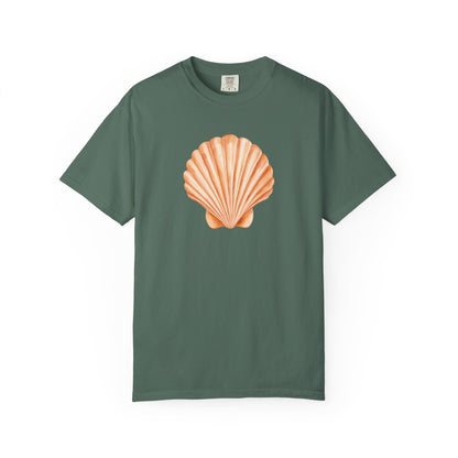 Shell Pocket T-Shirt — Minimal Beach Tee with Orange Seashell