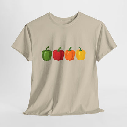 Bell Pepper Graphic Tee — Colorful Green Red Orange Yellow Peppers Shirt