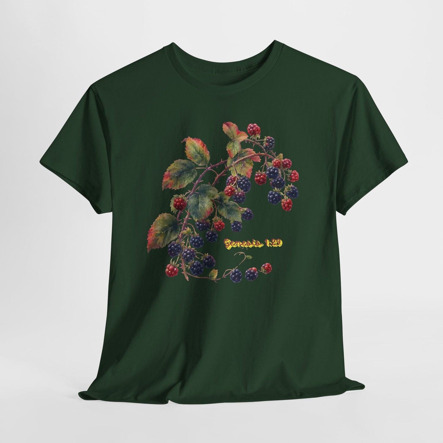 Blackberry Branch T-Shirt — Botanical Berry Illustration with "Genesis 1:29"