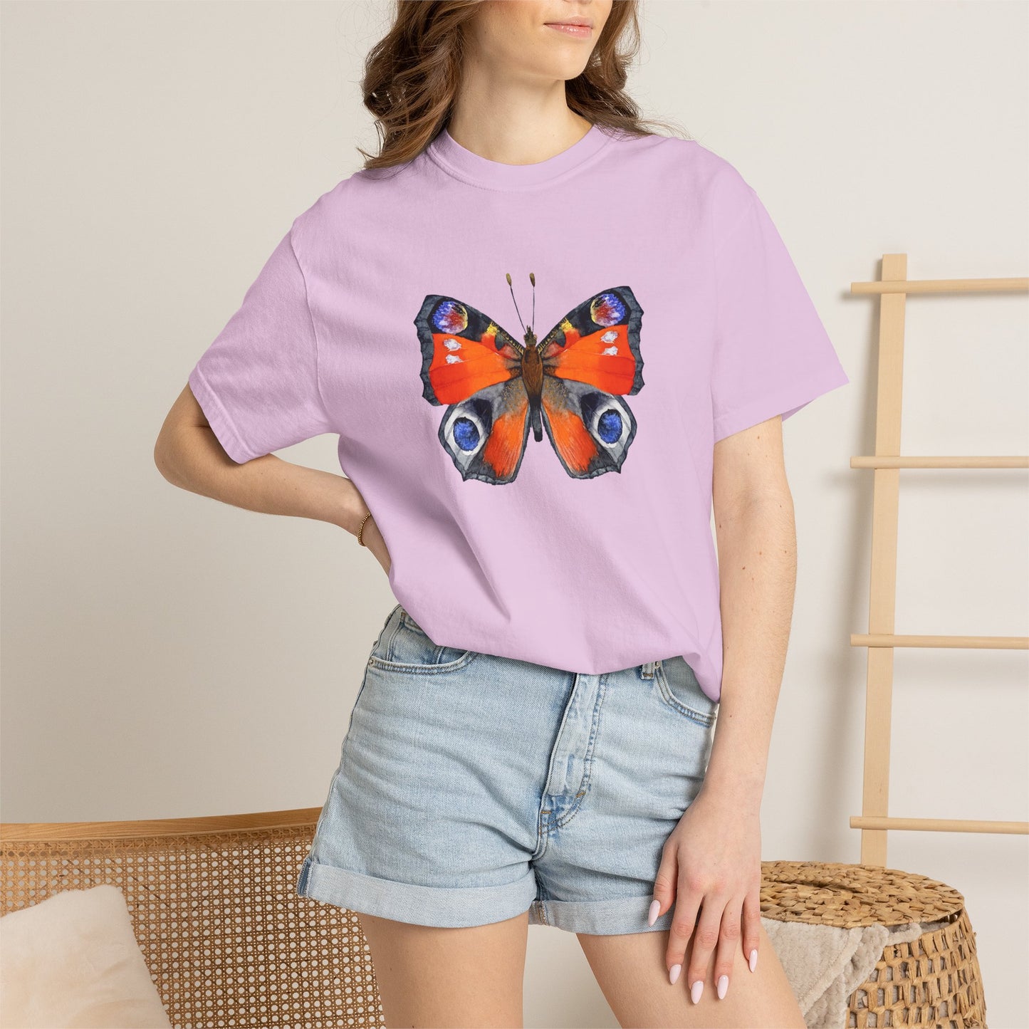 Butterfly Graphic T-Shirt — Vibrant Peacock Butterfly Print on Natural Tee
