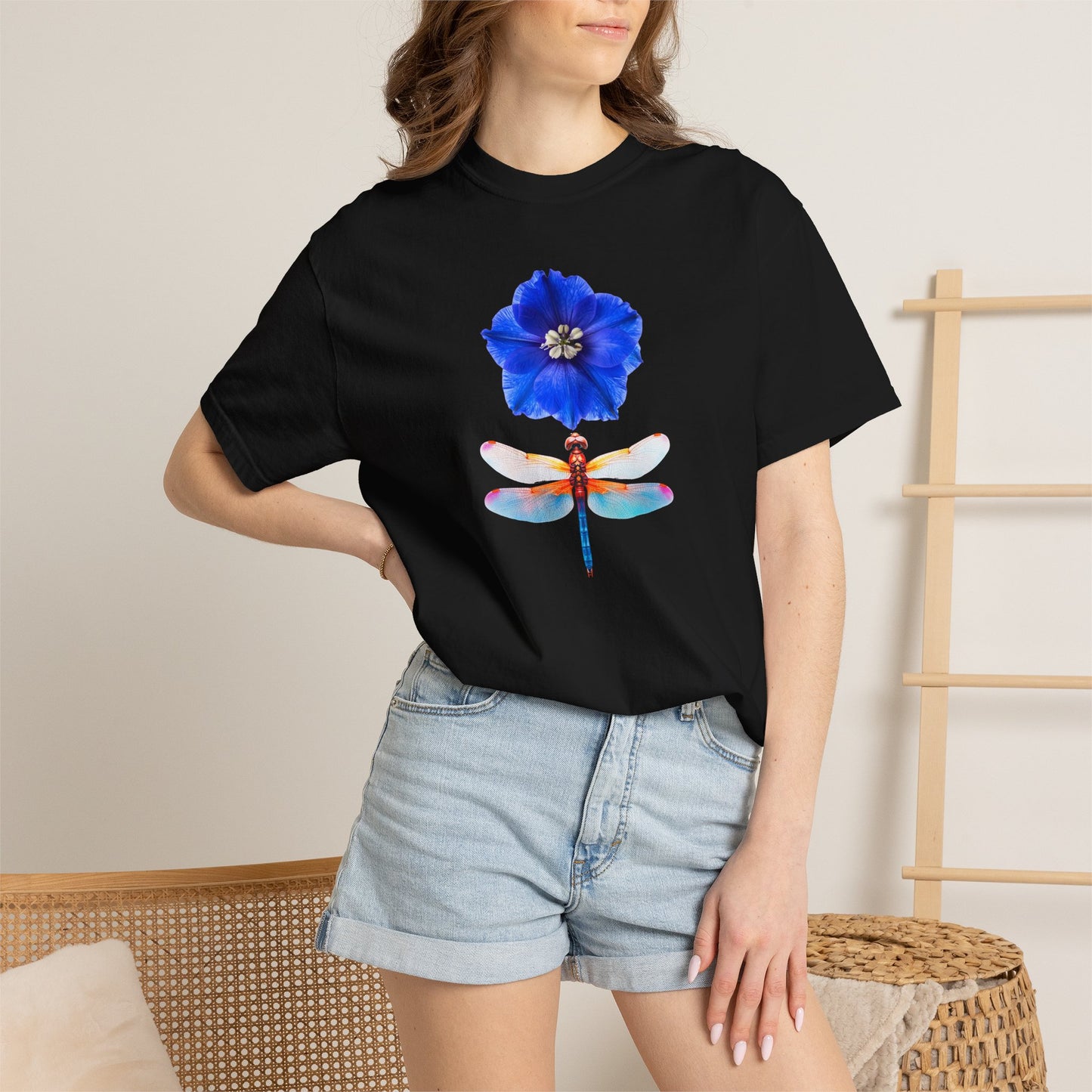 Dragonfly & Blue Blossom T-Shirt — Floral Nature Graphic Tee