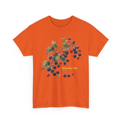 Blackberry Branch T-Shirt — Botanical Berry Illustration with "Genesis 1:29"