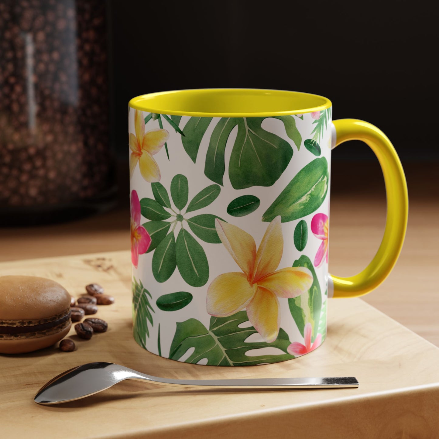 Tropical Floral Coffee Mug — Plumeria & Palm Accent Mug (11/15oz)
