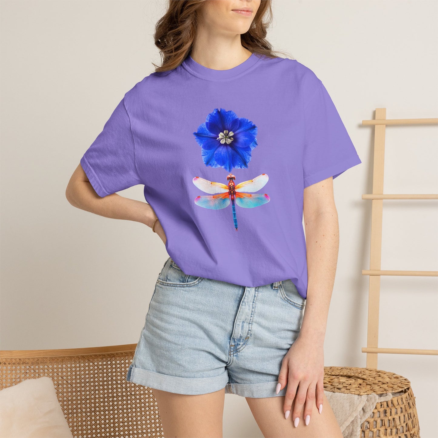 Dragonfly & Blue Blossom T-Shirt — Floral Nature Graphic Tee
