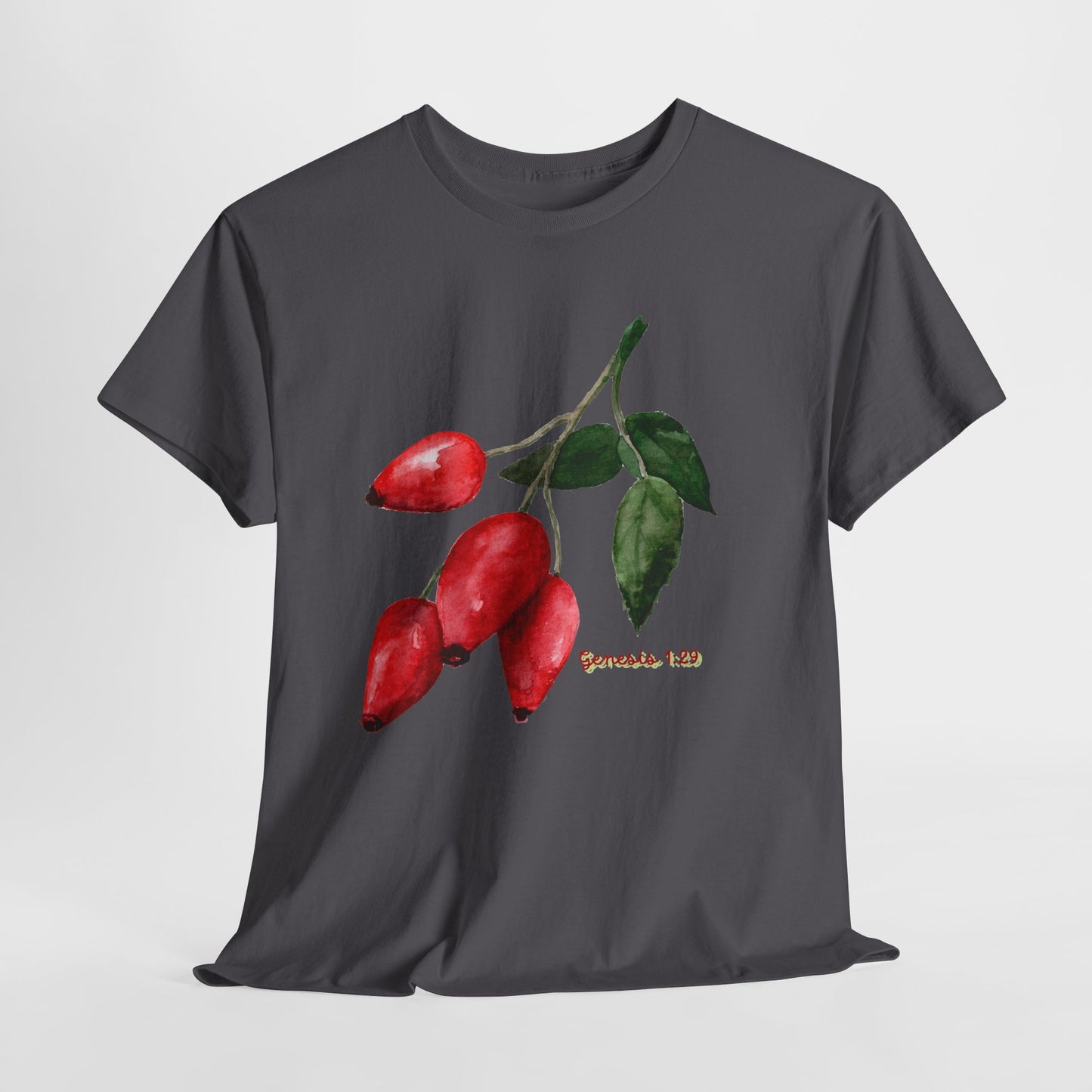 Rosehip Botanical Tee — Illustrated Rose Hips with Jeremiah 1:9 Scripture Accent