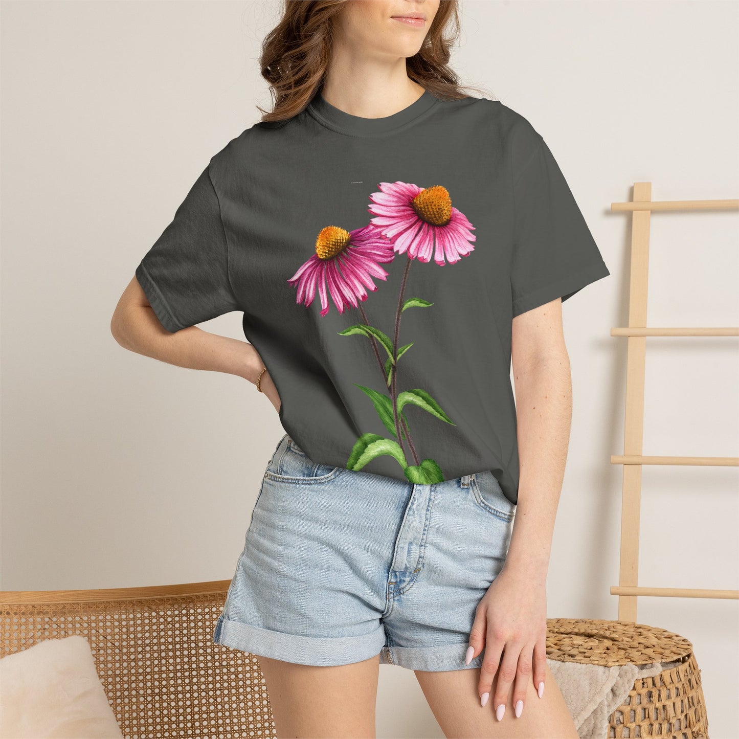 Floral Coneflower T-Shirt — Pink Echinacea Botanical Tee