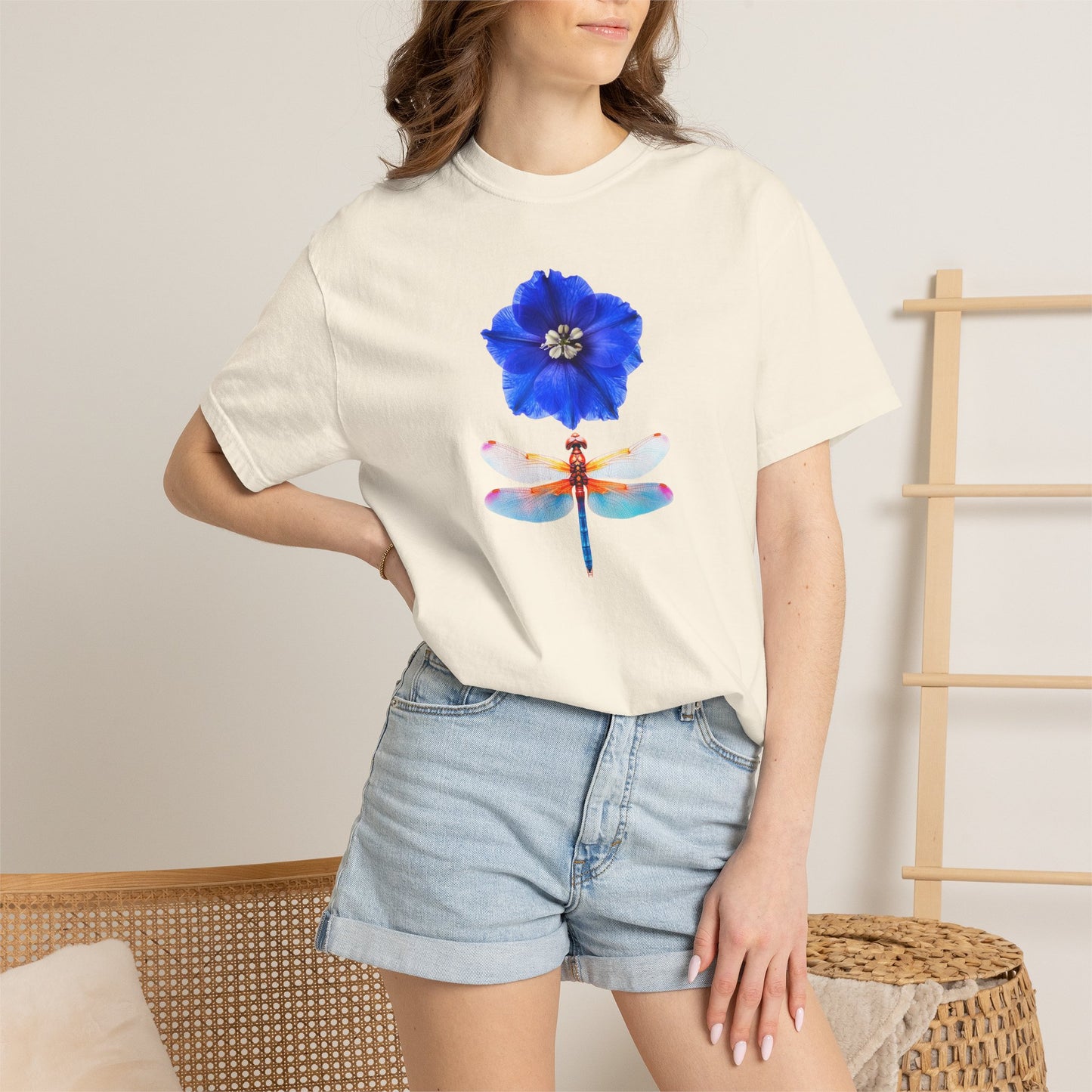 Dragonfly & Blue Blossom T-Shirt — Floral Nature Graphic Tee