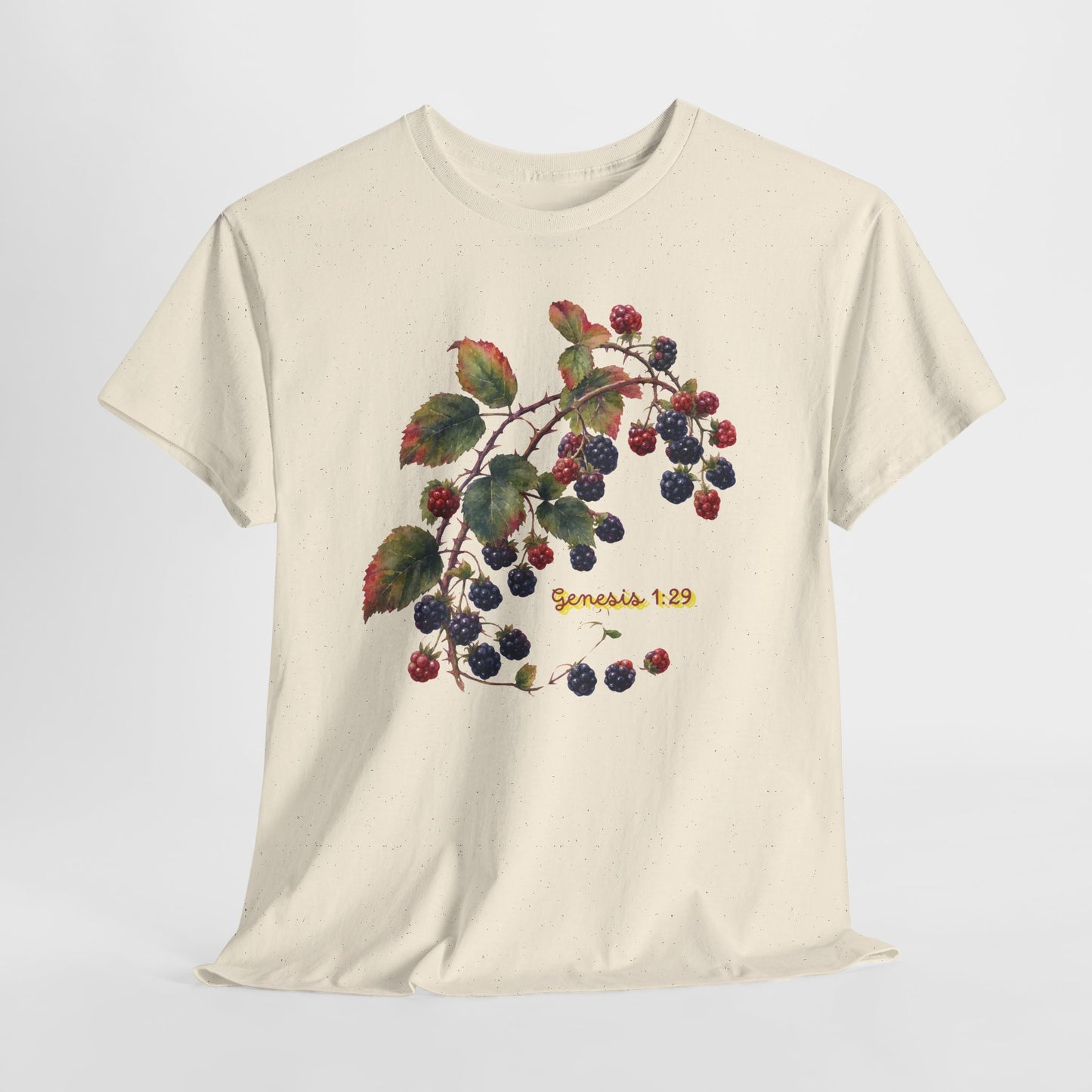 Blackberry Branch T-Shirt — Botanical Berry Illustration with "Genesis 1:29"
