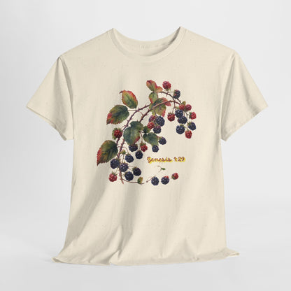 Blackberry Branch T-Shirt — Botanical Berry Illustration with "Genesis 1:29"