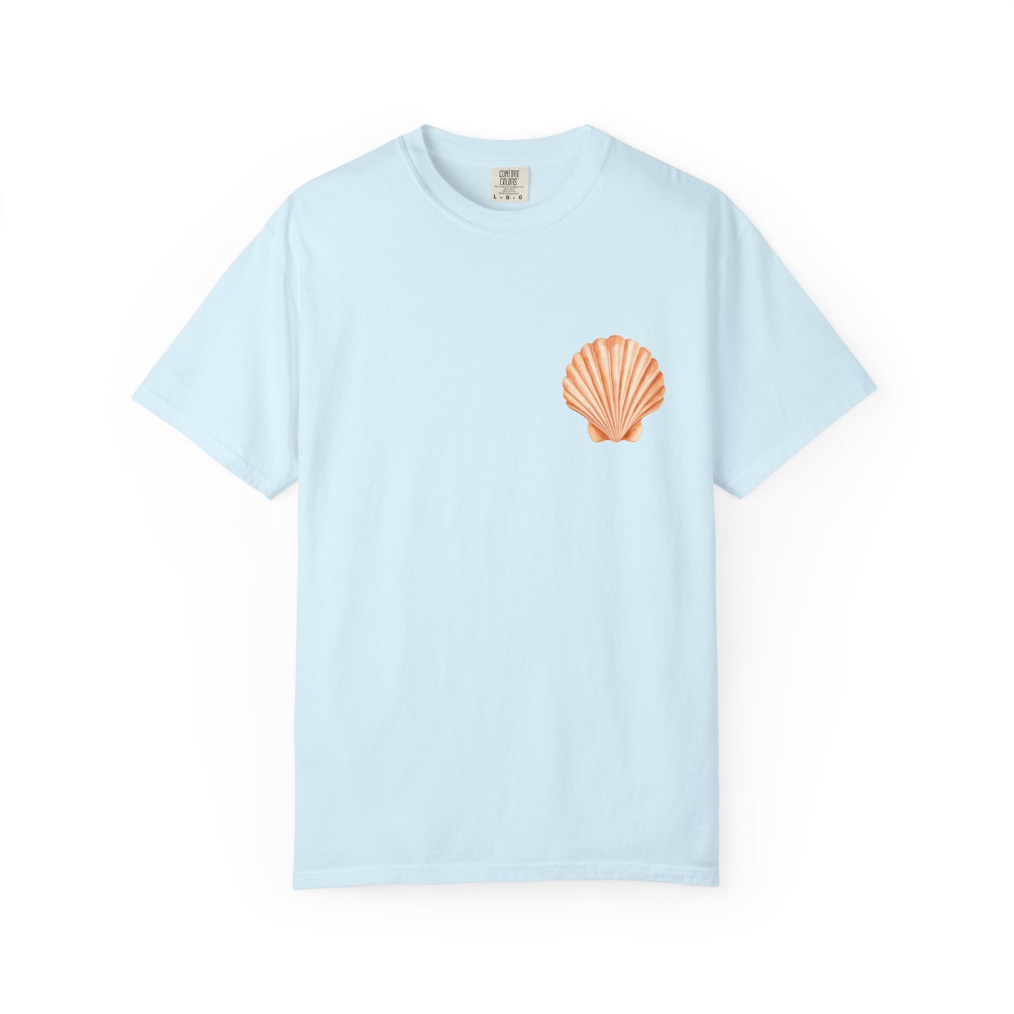 Shell Pocket T-Shirt — Minimal Beach Tee with Orange Seashell