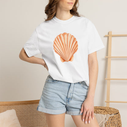 Shell Pocket T-Shirt — Minimal Beach Tee with Orange Seashell