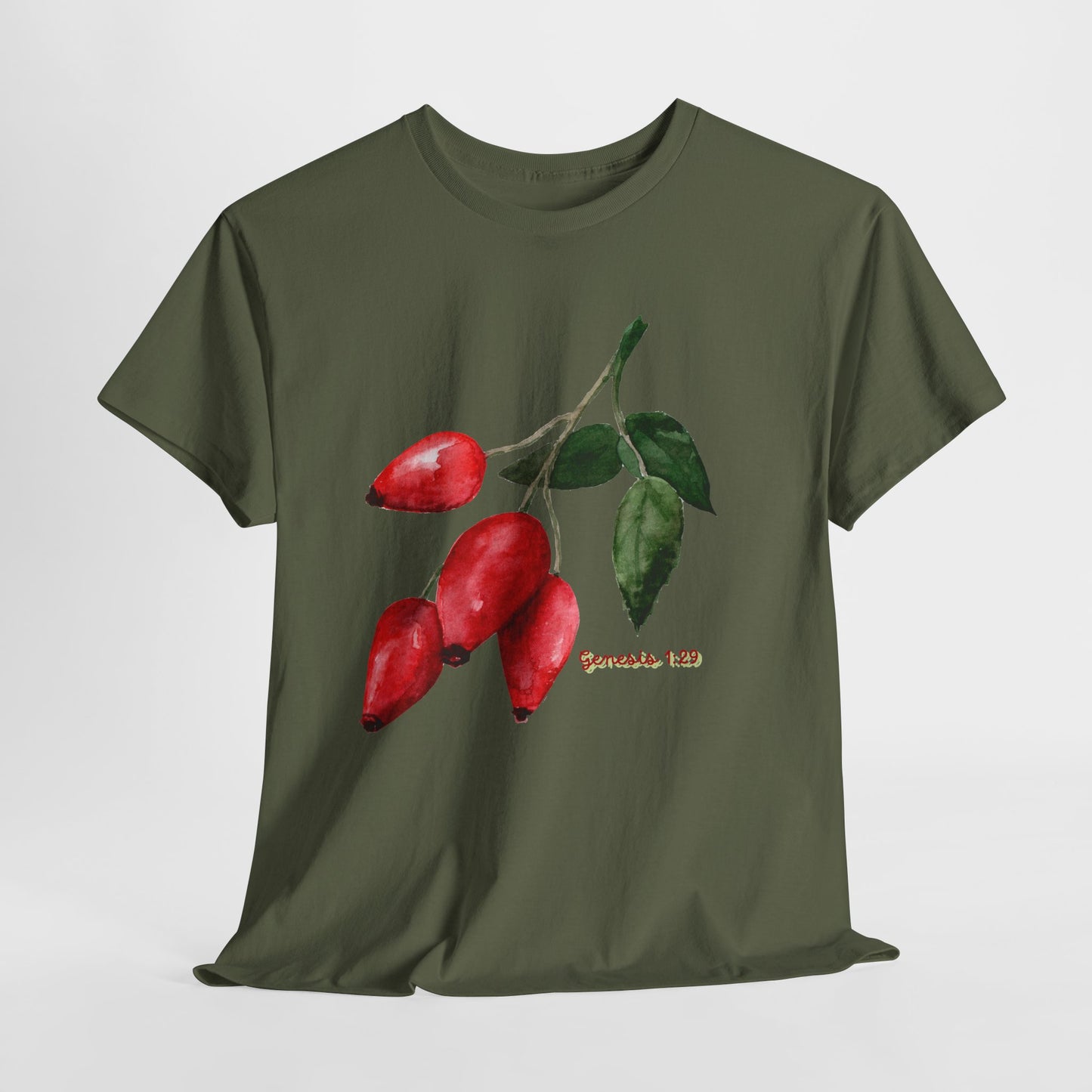 Rosehip Botanical Tee — Illustrated Rose Hips with Jeremiah 1:9 Scripture Accent