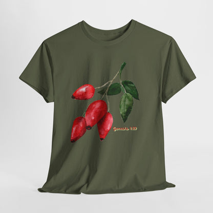 Rosehip Botanical Tee — Illustrated Rose Hips with Jeremiah 1:9 Scripture Accent