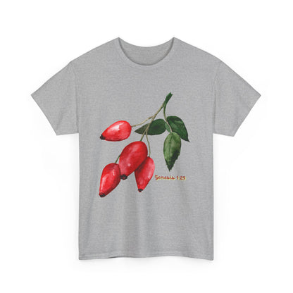 Rosehip Botanical Tee — Illustrated Rose Hips with Jeremiah 1:9 Scripture Accent