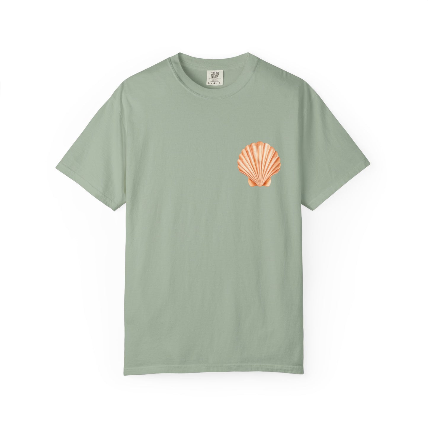 Shell Pocket T-Shirt — Minimal Beach Tee with Orange Seashell