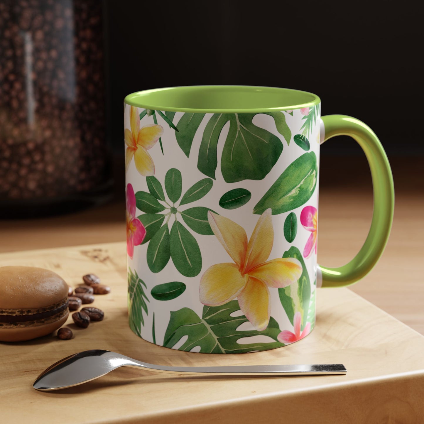 Tropical Floral Coffee Mug — Plumeria & Palm Accent Mug (11/15oz)