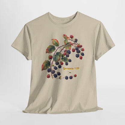 Blackberry Branch T-Shirt — Botanical Berry Illustration with "Genesis 1:29"