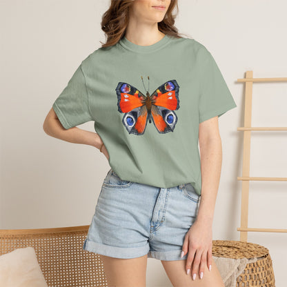 Butterfly Graphic T-Shirt — Vibrant Peacock Butterfly Print on Natural Tee