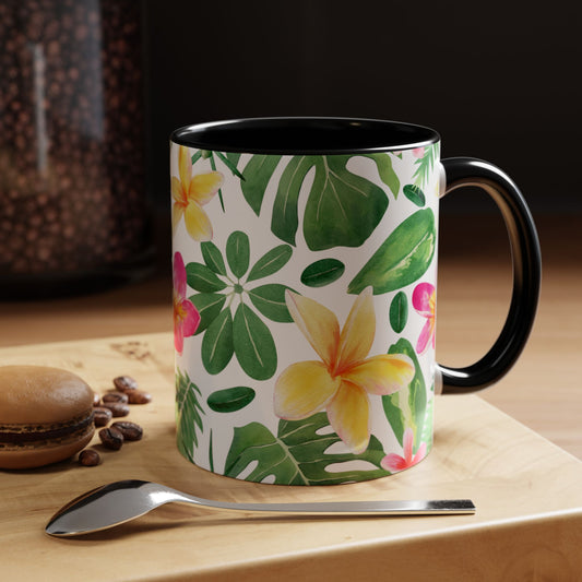Tropical Floral Coffee Mug — Plumeria & Palm Accent Mug (11/15oz)