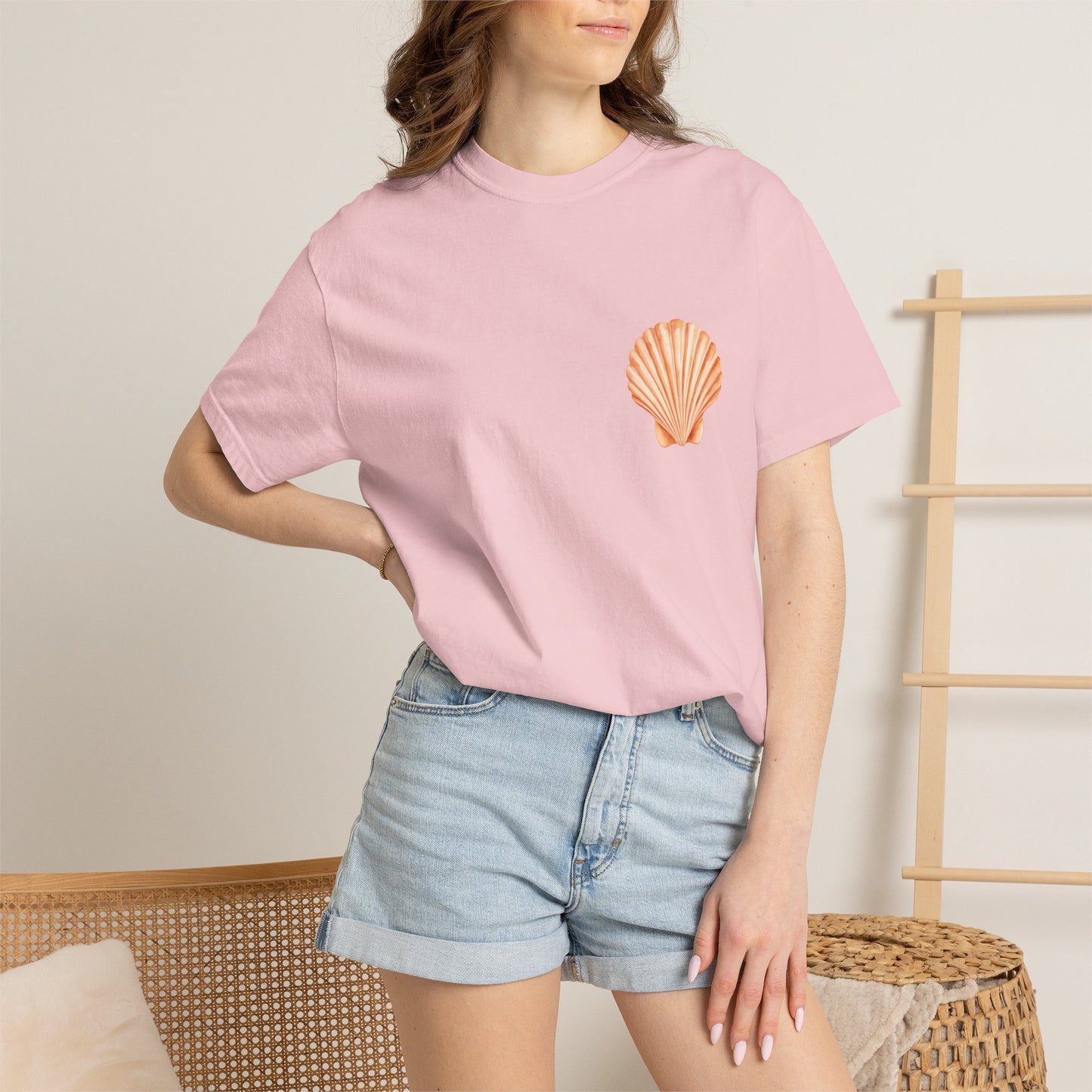 Shell Pocket T-Shirt — Minimal Beach Tee with Orange Seashell