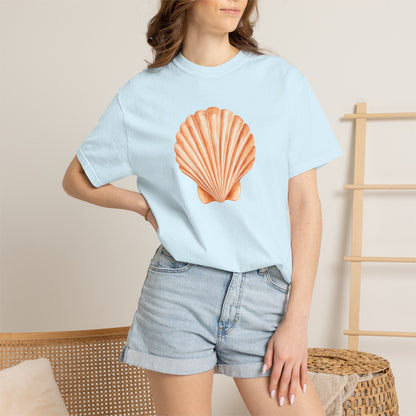 Shell Pocket T-Shirt — Minimal Beach Tee with Orange Seashell