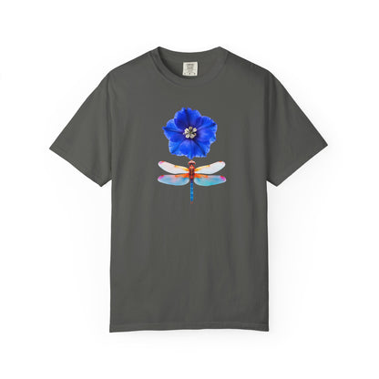 Dragonfly & Blue Blossom T-Shirt — Floral Nature Graphic Tee