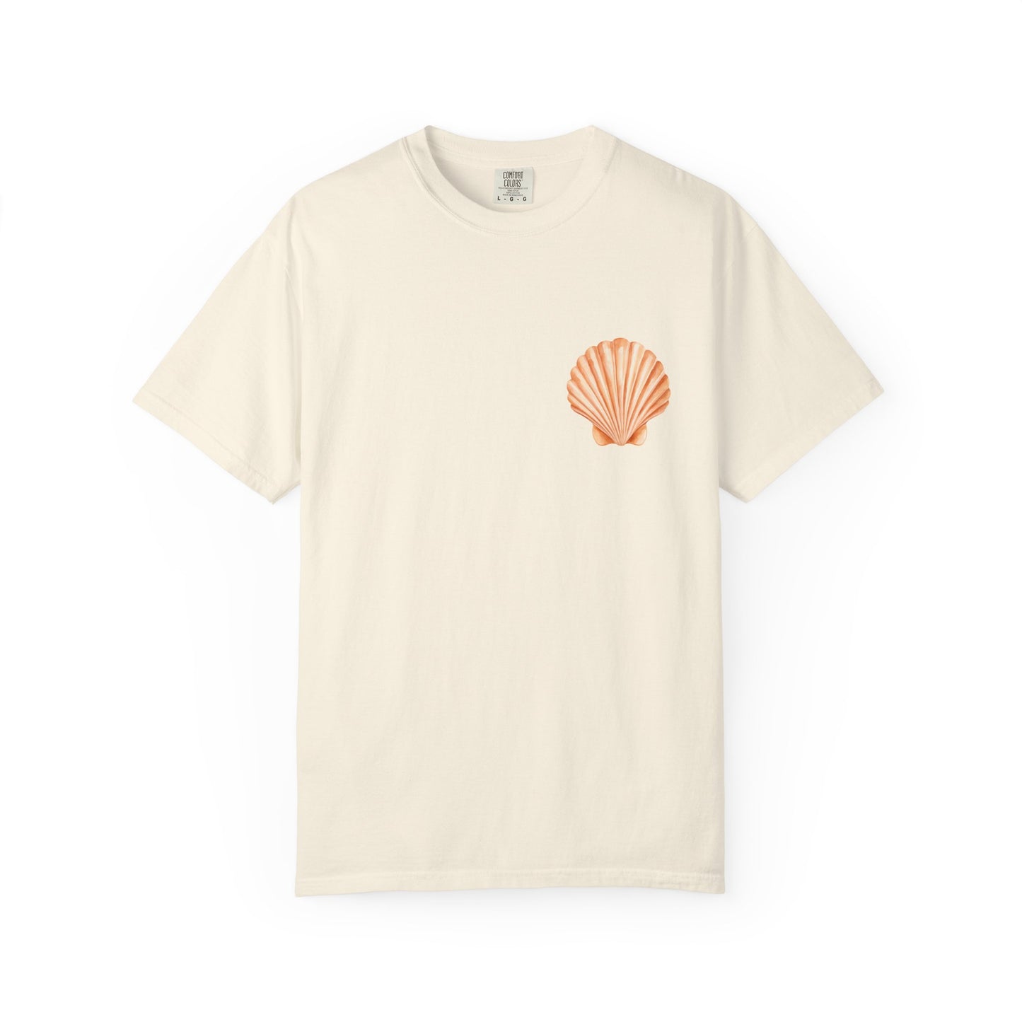 Shell Pocket T-Shirt — Minimal Beach Tee with Orange Seashell