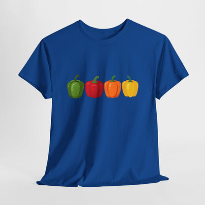 Bell Pepper Graphic Tee — Colorful Green Red Orange Yellow Peppers Shirt