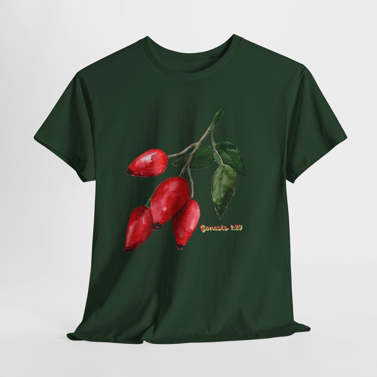 Rosehip Botanical Tee — Illustrated Rose Hips with Jeremiah 1:9 Scripture Accent