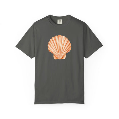 Shell Pocket T-Shirt — Minimal Beach Tee with Orange Seashell