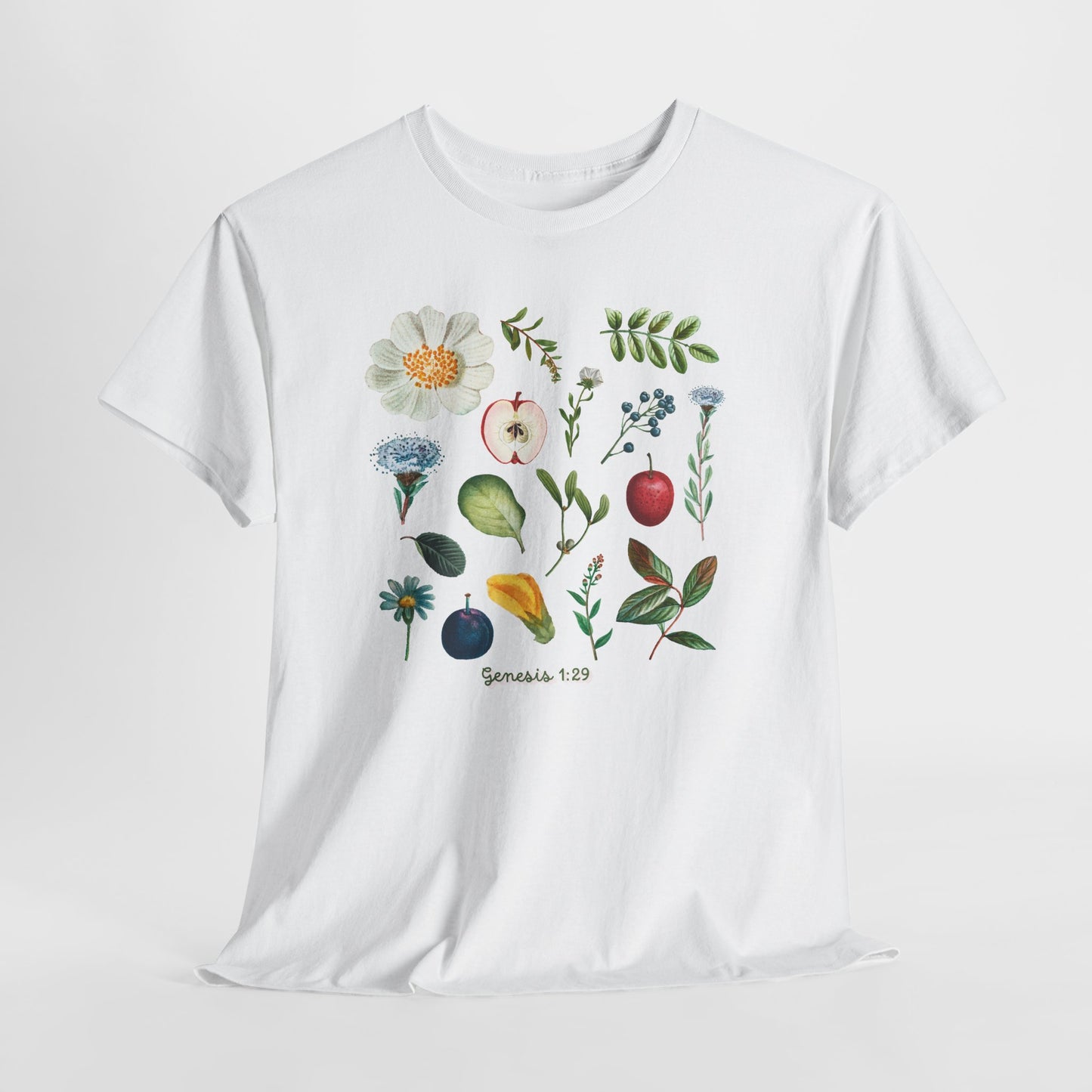 Botanical Fruit & Flower Tee — Watercolor Garden Illustration T-Shirt Genesis 1:29