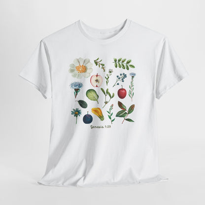 Botanical Fruit & Flower Tee — Watercolor Garden Illustration T-Shirt Genesis 1:29