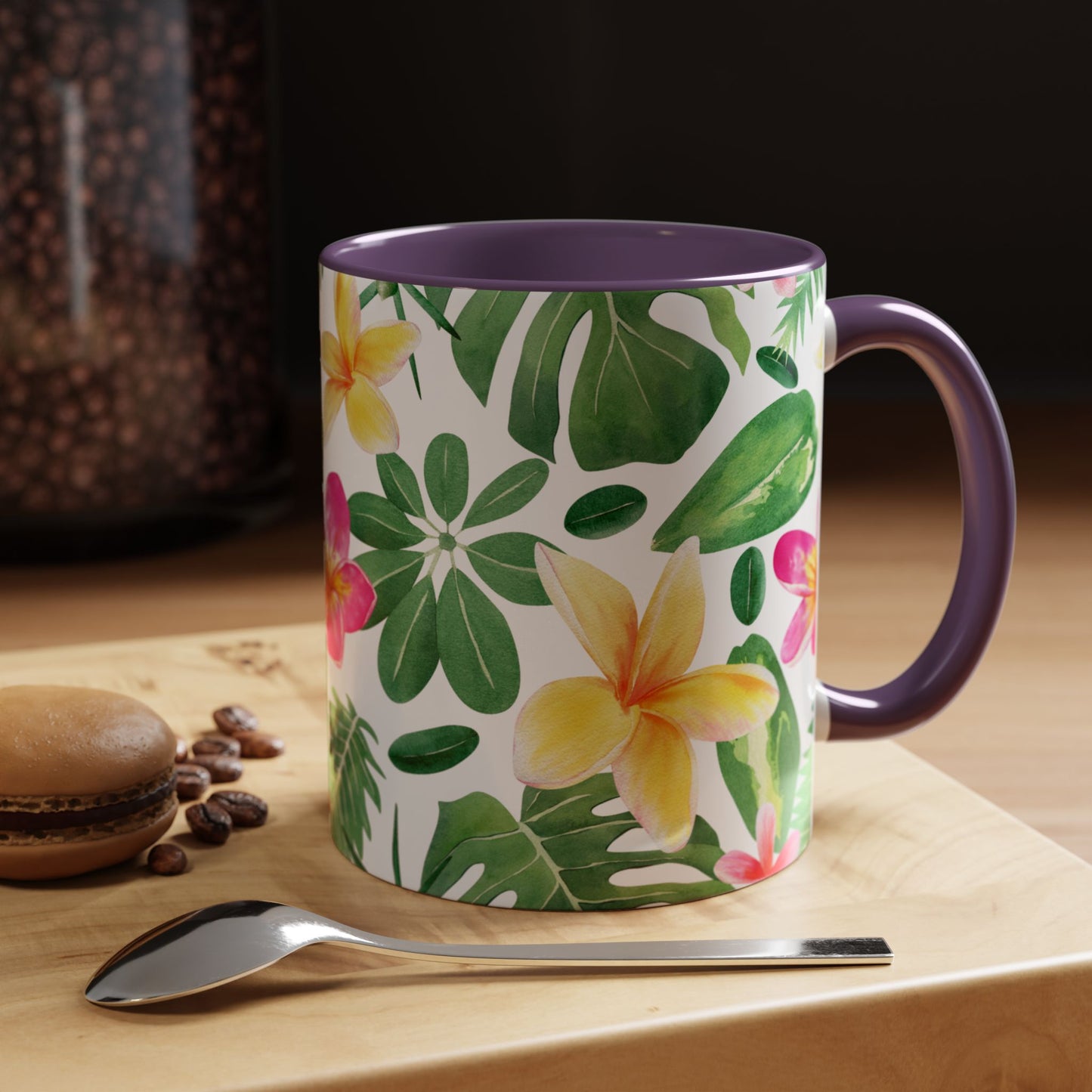 Tropical Floral Coffee Mug — Plumeria & Palm Accent Mug (11/15oz)