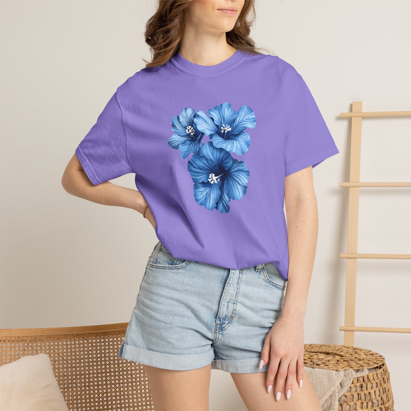 Blue Hibiscus Floral T-Shirt — Watercolor Flower Graphic Tee