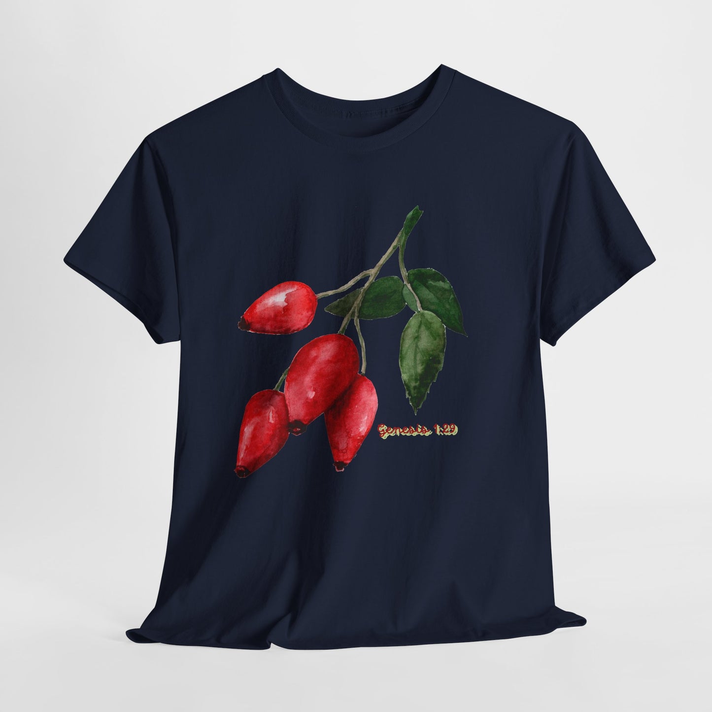 Rosehip Botanical Tee — Illustrated Rose Hips with Jeremiah 1:9 Scripture Accent
