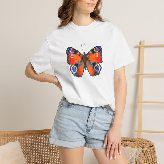 Butterfly Graphic T-Shirt — Vibrant Peacock Butterfly Print on Natural Tee
