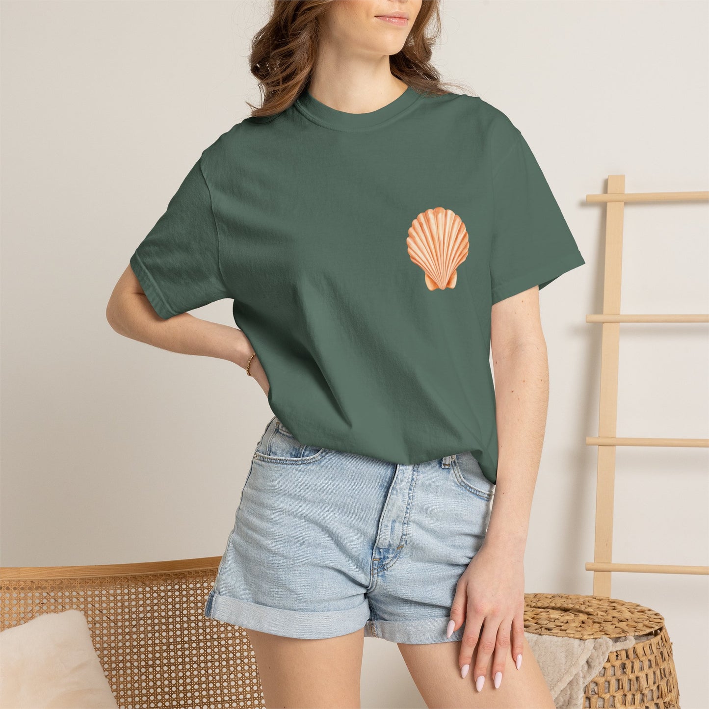 Shell Pocket T-Shirt — Minimal Beach Tee with Orange Seashell