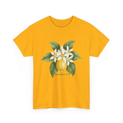 T-Shirt — Lemon Blossom Graphic Tee with 'Genesis 1:29' Scripture