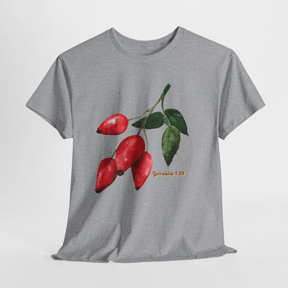Rosehip Botanical Tee — Illustrated Rose Hips with Jeremiah 1:9 Scripture Accent