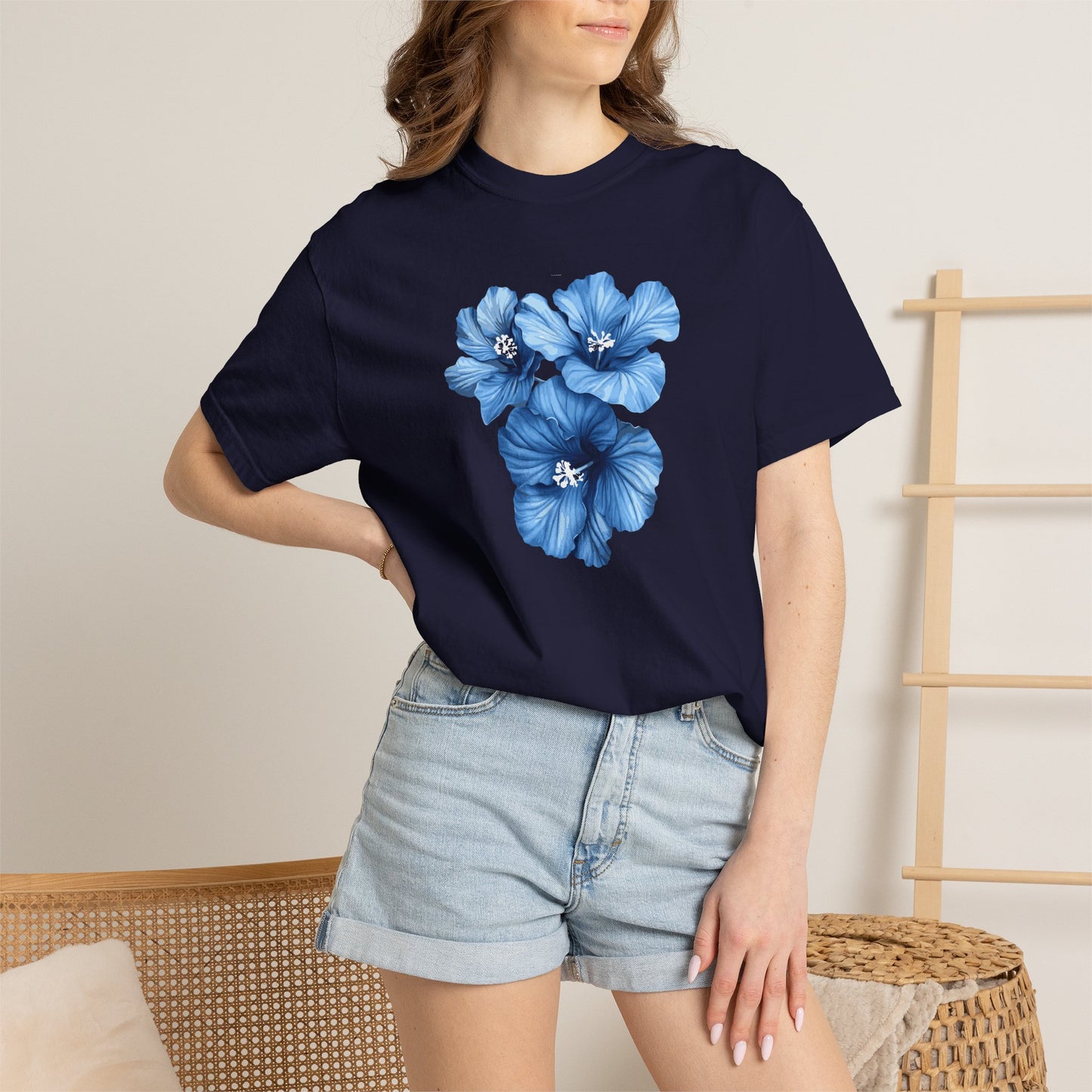 Blue Hibiscus Floral T-Shirt — Watercolor Flower Graphic Tee