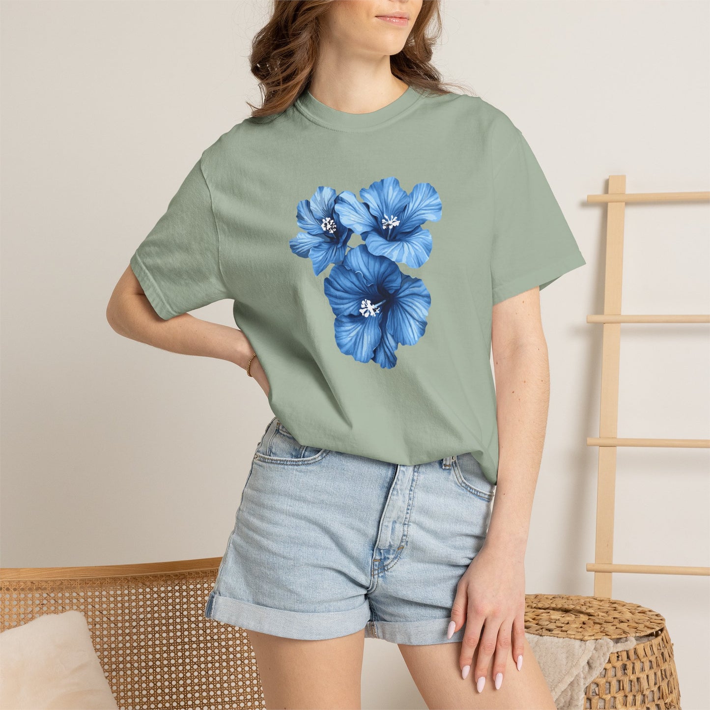 Blue Hibiscus Floral T-Shirt — Watercolor Flower Graphic Tee