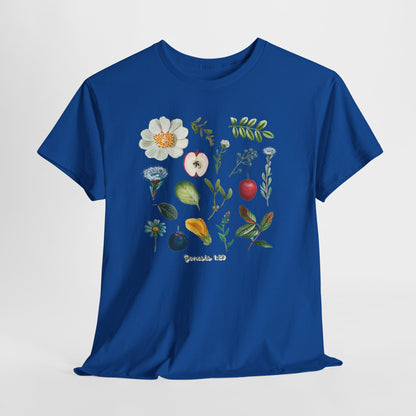 Botanical Fruit & Flower Tee — Watercolor Garden Illustration T-Shirt Genesis 1:29
