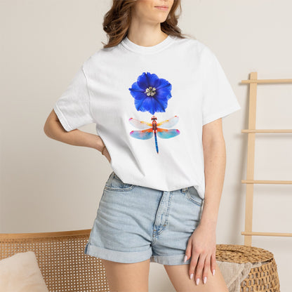 Dragonfly & Blue Blossom T-Shirt — Floral Nature Graphic Tee