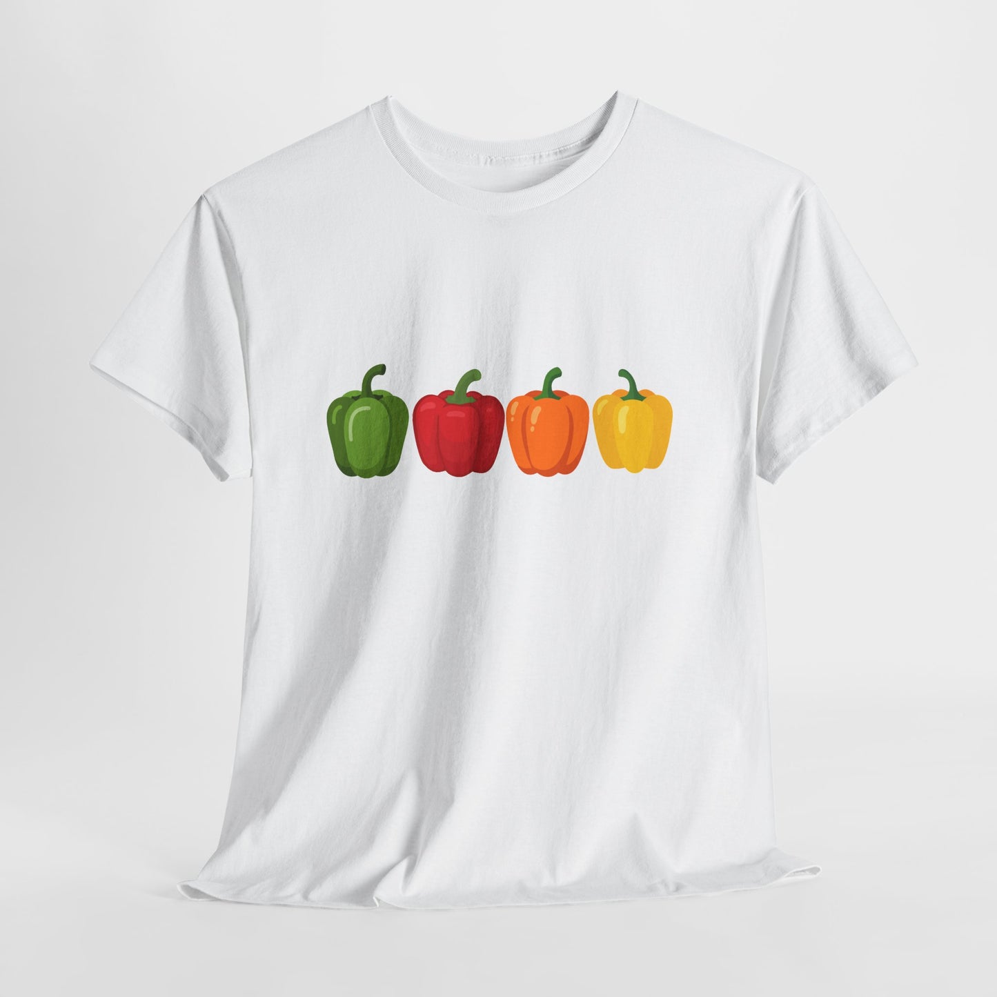 Bell Pepper Graphic Tee — Colorful Green Red Orange Yellow Peppers Shirt